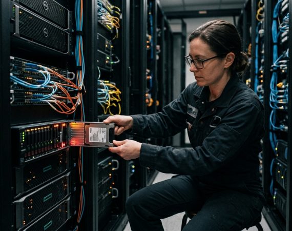 Infrastructure systems architect mounting high-density enterprise NVMe server blade in colocation bare-metal rack