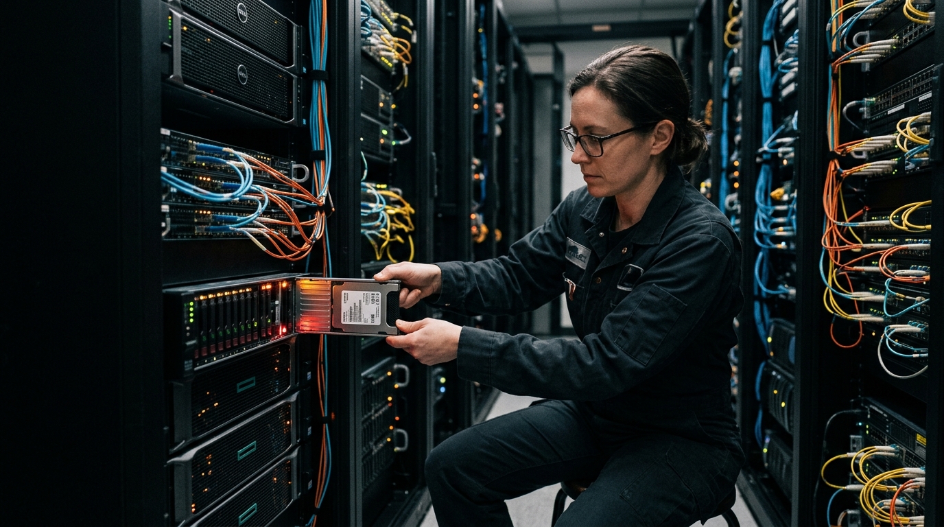 Infrastructure systems architect mounting high-density enterprise NVMe server blade in colocation bare-metal rack