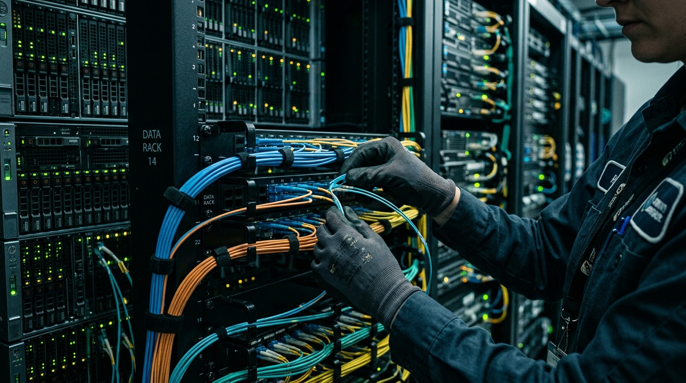 Enterprise data center engineer cabling high-speed network switches in cold aisle server rack