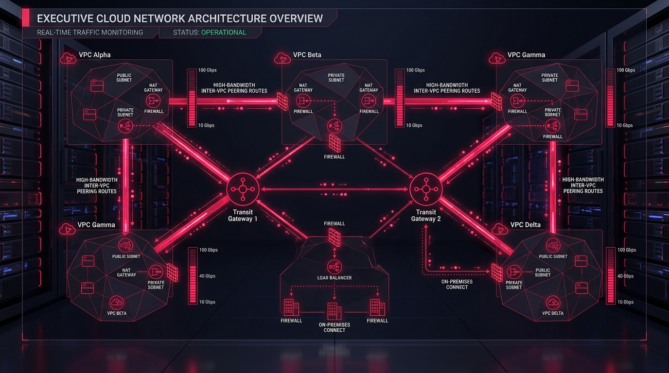 Cloud Network Topology Diagram of VPC Peering and Transit Gateways