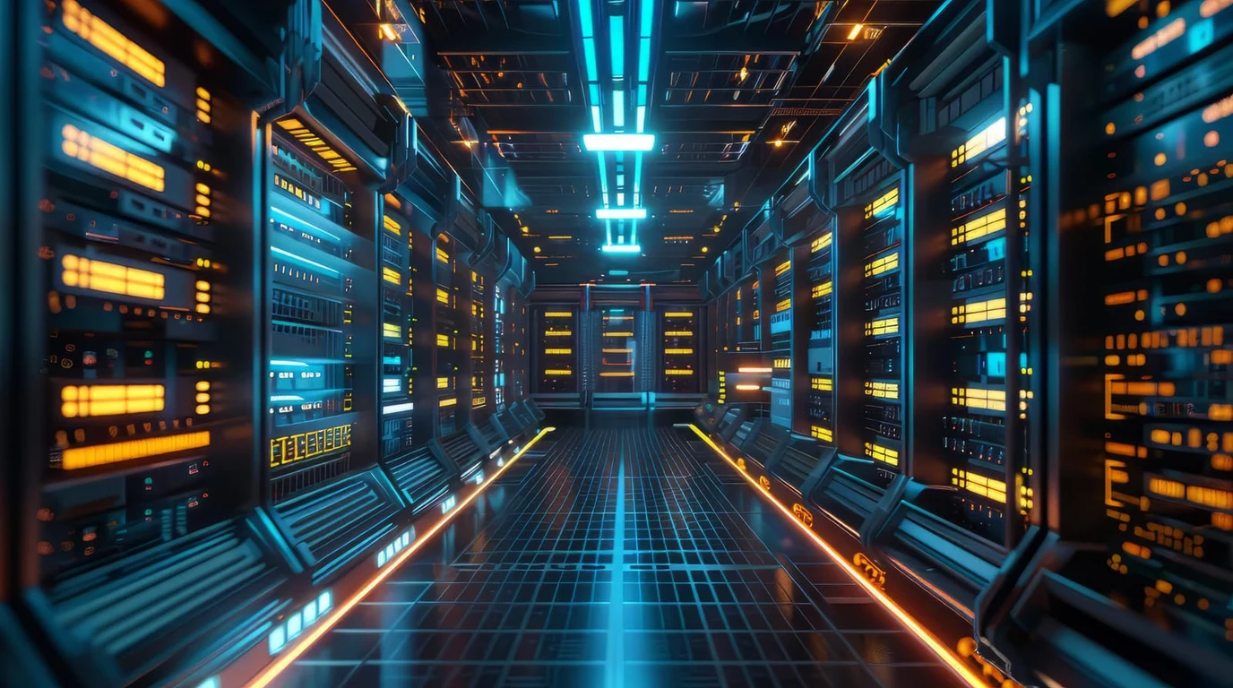 Enterprise server room with glowing security encryption lights for secrets management and cloud FinOps